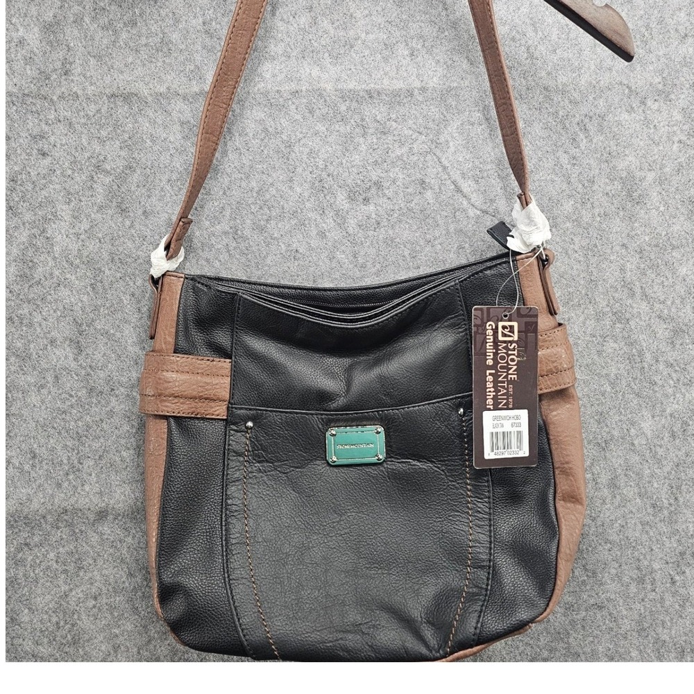 Stone Mountain Greenwich Hobo Bag Black Tan Genuine Leather Purse 67333 NWT